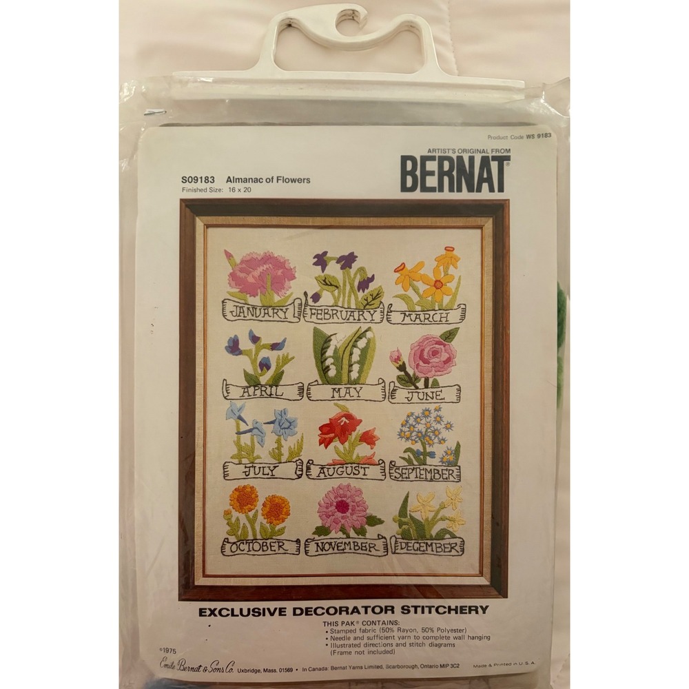 Vintage 1975 Bernat Almanac of Flowers Crewel Embroidery Kit S09183 16x20 New
